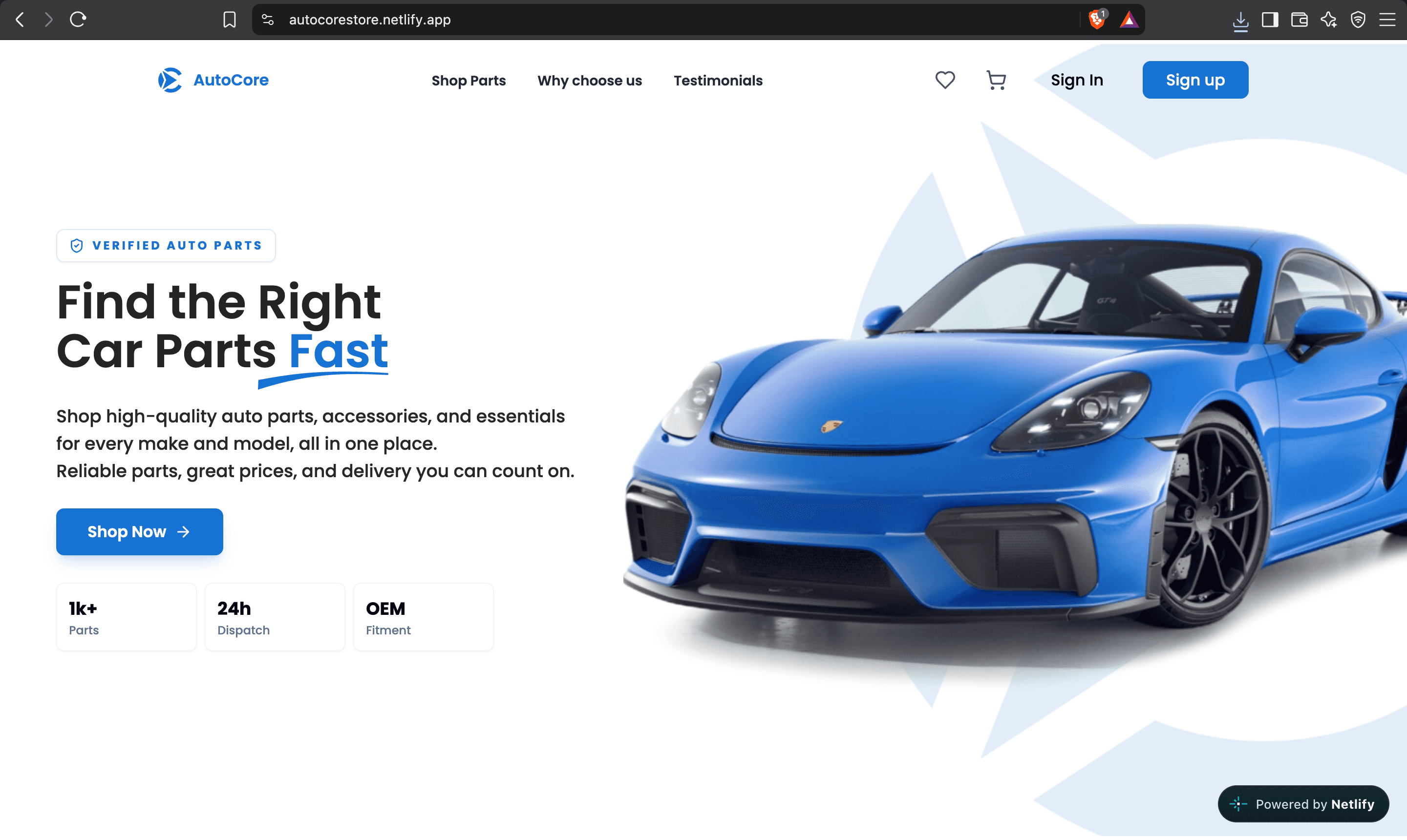AutoCore desktop storefront landing page for automotive spare parts
