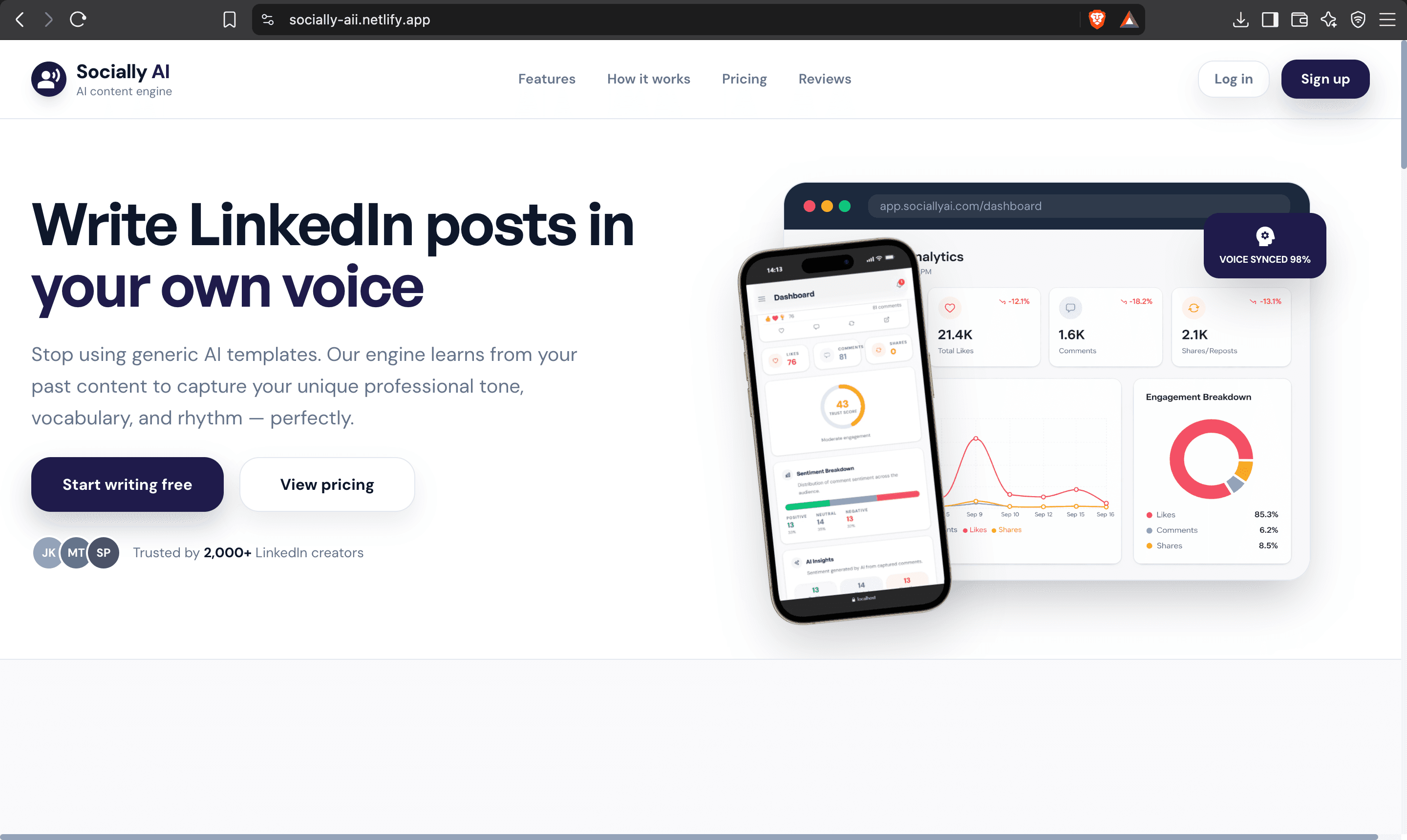 Socially AI desktop landing page with LinkedIn writing and analytics product preview